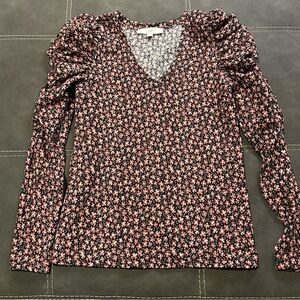 LOFT Floral V-Neck Blouse in Black and Pink